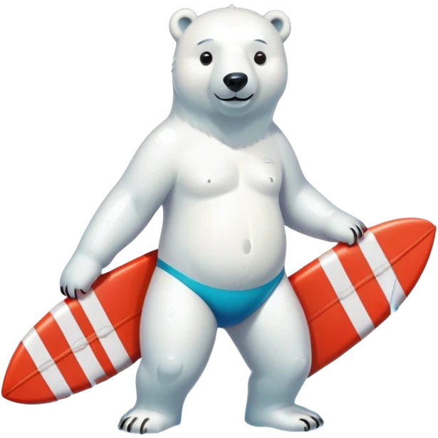 full body friendly anthropomorphised polar bear smiling, wearing colorful swim suit and long board shorts below the knee, scuba goggles, holding red and white life buoy, standing in small puddle emoji