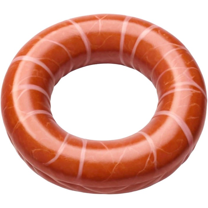 coiled raw sausage, pale pink slightly marbled surface, natural casing, thick rustic circular shape, smooth texture, visible flecks of fat, ends tucked under or gently pinched, no grill plate or garnish, soft lighting, subtle shadows, emoji scale emoji