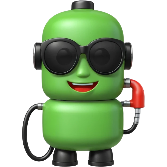 A cute 3D icon of a green gas pump character wearing oversized black sunglasses. Round and chubby proportions, glossy toy-like texture, soft pastel lighting, friendly expression, smooth edges, high-quality render, isolated on a transparent background. emoji