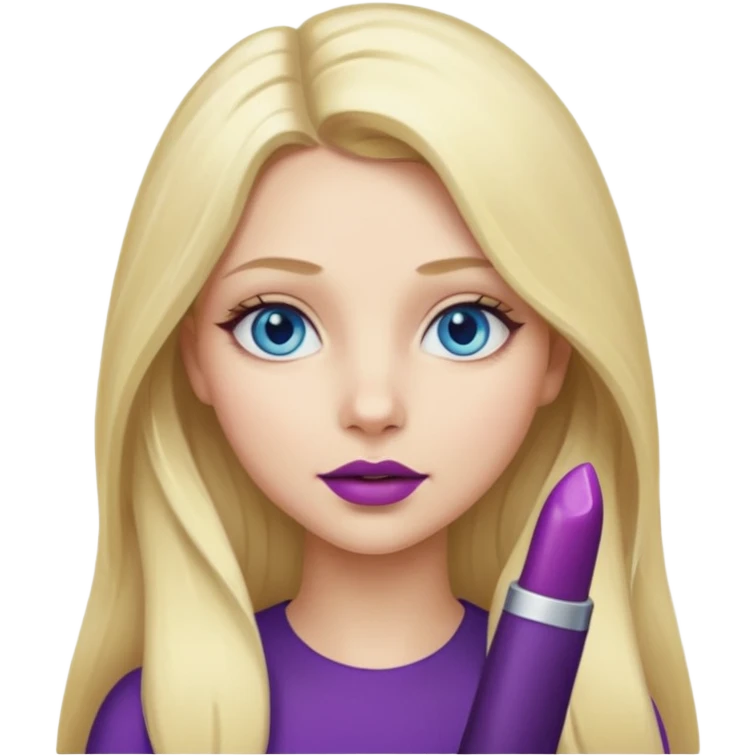 Girl, long blond hair, blue eyes, eggplant as lipstick emoji