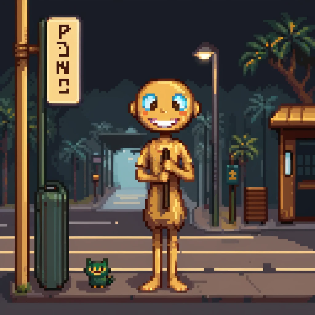 humanoid wooden club with big cartoon eyes and wide smile, barefoot, standing at a dark street bus stop under dim streetlight, holding a bat, background sign 'Pentung Pos Ronda' emoji