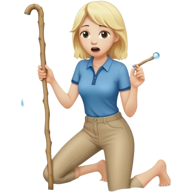 blond woman kneeling, holding a wide skin-colored stick with a D-shaped knob with skin texture, the stick emerging from a pair of hanging trousers, water squirting from the flat side of the knob into her mouth, shocked face emoji