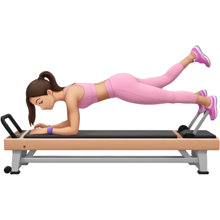 white brunette girl in light pink workout clothes doing a plank on a reformer emoji