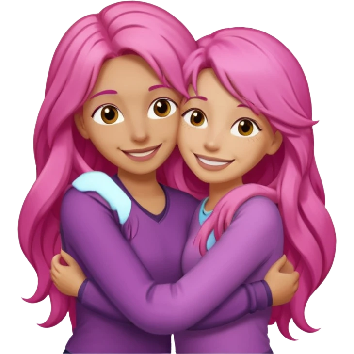 Surprisingly goofy once they open up. Strong, loyal, and incredibly supportive — but still hates wasting time. woman long pink hair hugging another person emoji