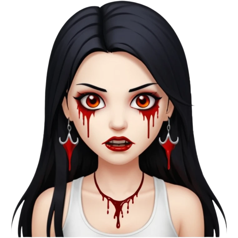 White woman with a white tank top long black hair glossy middle part long hair vamp look with fangs or blood dripping down lips brown eyes eyeliner winged with lashes top and bottom white border emoji