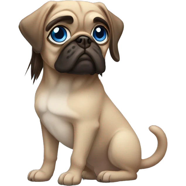 Girl with brown straight long hair and blue eyes with pug emoji