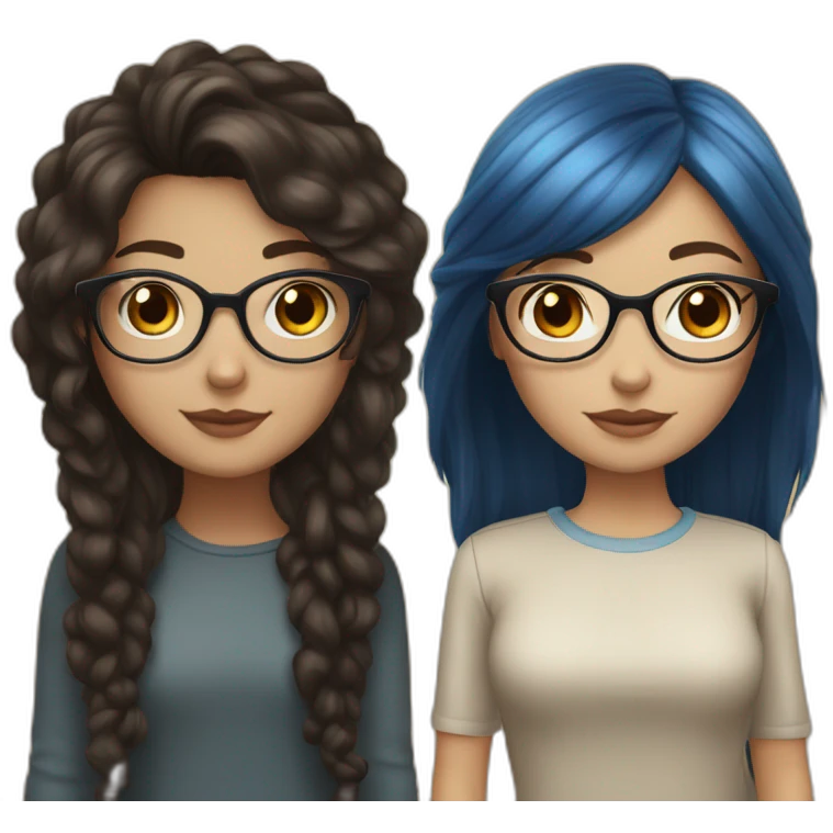 Couple white skin girl with blue eyes and glasses and read hair with latina girl with long black hair brown eyes emoji