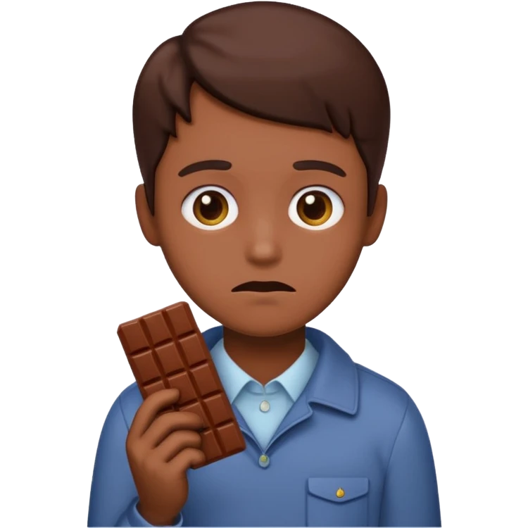 Apple style emoji sad face, person holding chocolate bar, subtle colors emoji