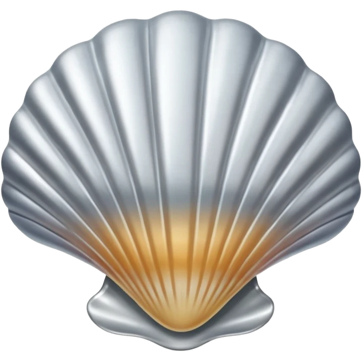 A seashell emoji made of polished silver chrome, smooth curved surface, reflective metallic highlights, elegant minimal design, iOS emoji style, centered, clean white background, soft lighting emoji