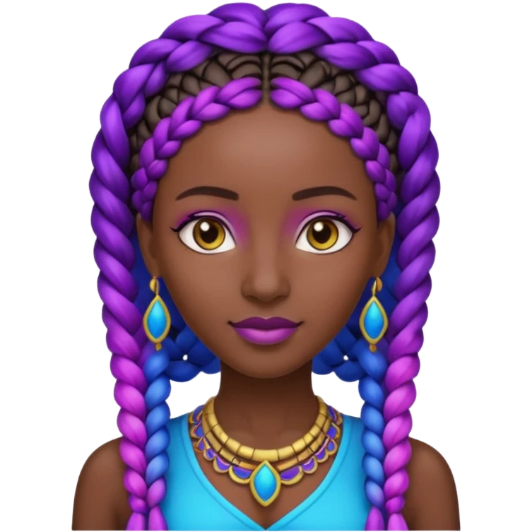 Create me an emoji of a beautiful Ethiopian Queen of Sheba with amazing braids wearing a neon purple and blue gradient African patterns. emoji
