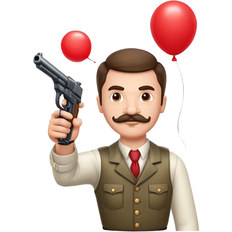 A mustachioed man aims a gun at a balloon emoji