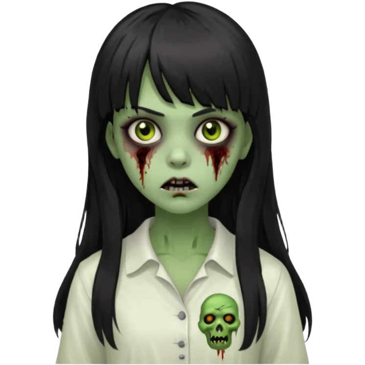Make a girl with bangs with very dark black and long hair, light brown eyes and white clothes in the form of a zombie with green and scary skin emoji