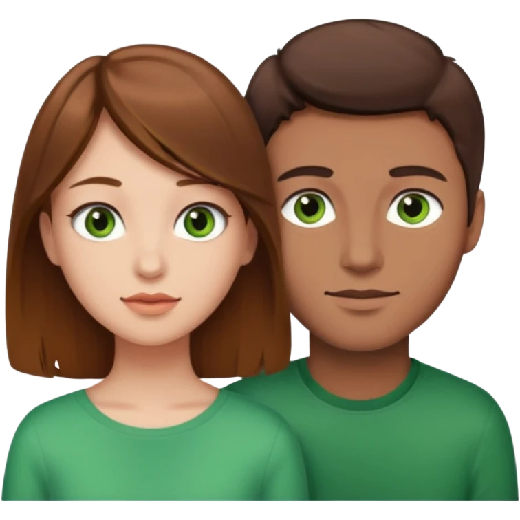 A boyfriend with light brown hair and green eyes next to his girlfriend with dark brown hair and brown eyes emoji