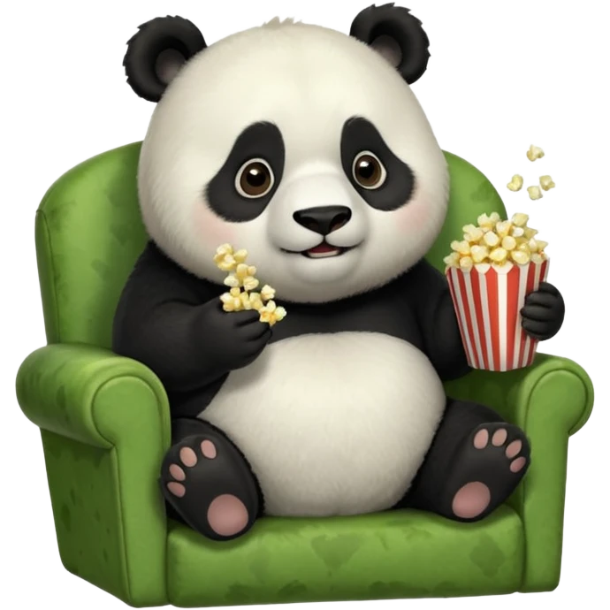 Chubby panda sitting on a earthy green chair that is too small for him, eatting popcorn, watching TV, 4k, dpi 300. Must not be low resolution, must not be poor quailty, must be colorful, must not have any emoji faces, no emoji icons. emoji