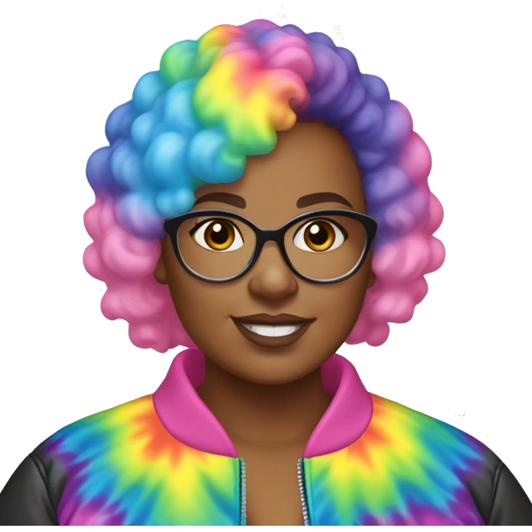Plus size black woman with pink curly pixie cut hair and a rainbow tie dye bubble jacket  emoji