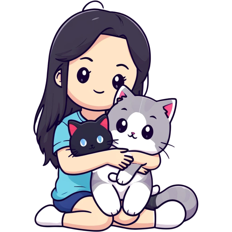 Girl with straight black long hair hugging a colorpoint ragdoll plush toy and a tricolor long-haired cat emoji