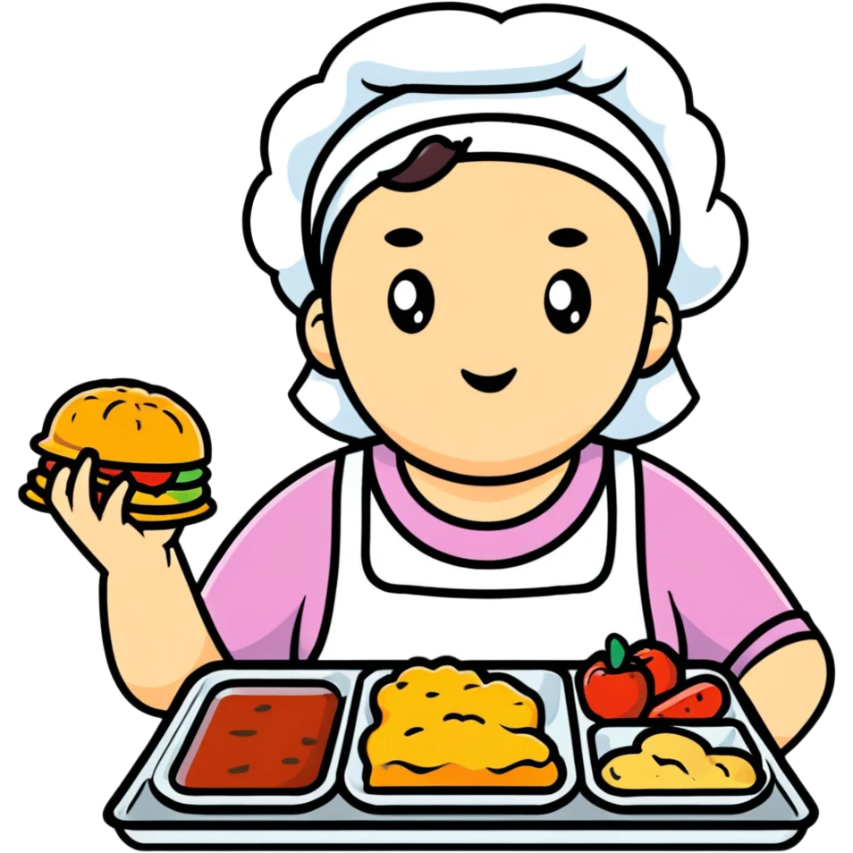 cartoon sticker of a lunch lady with a disgusted expression, holding a tray of gross food emoji