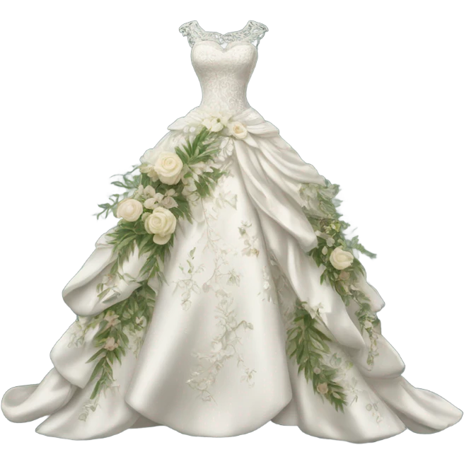 Hyper Realistic ornate 
Botanical Wedding dress displays emoji