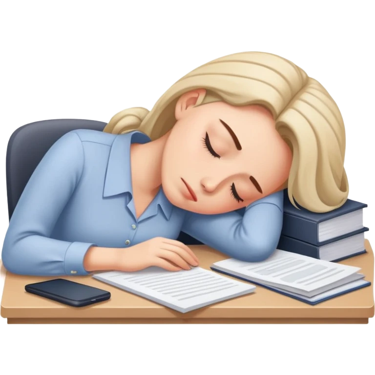 Exhausted office worker woman napping at desk emoji