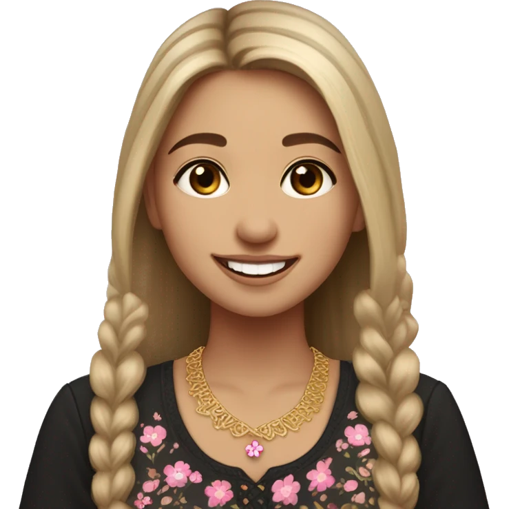 Slavic girl, light skin, brown eyes, black-to-blonde ombre straight tail, smiling with teeth, wearing beautiful dark blouse with a folk pattern of small pink flowers and gold necklace. emoji