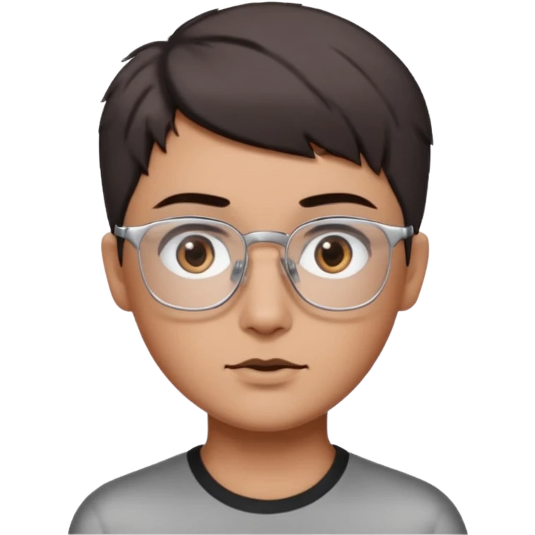 personagem com corte de cabelo Wolf cut curto, cabelo castanho escuro, olho castanho escuro, sombrancelha castanho escuro, óculos sem aro prata quadrado. emoji