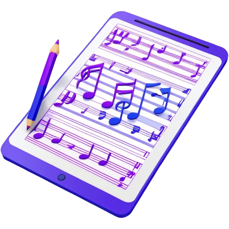 Emoji that represents music track writing. The design should feature a music composition sheet with musical notes and song lyrics, a digital audio workstation (DAW) interface or soundwaves, and a pencil or pen to symbolize the writing process. Add a touch of technology with subtle elements like sound mixing sliders or waveform graphics. Use a blend of vibrant and inspiring colors, such as electric blue or neon purple, to evoke a sense of creativity and innovation. The background should be transparent. emoji