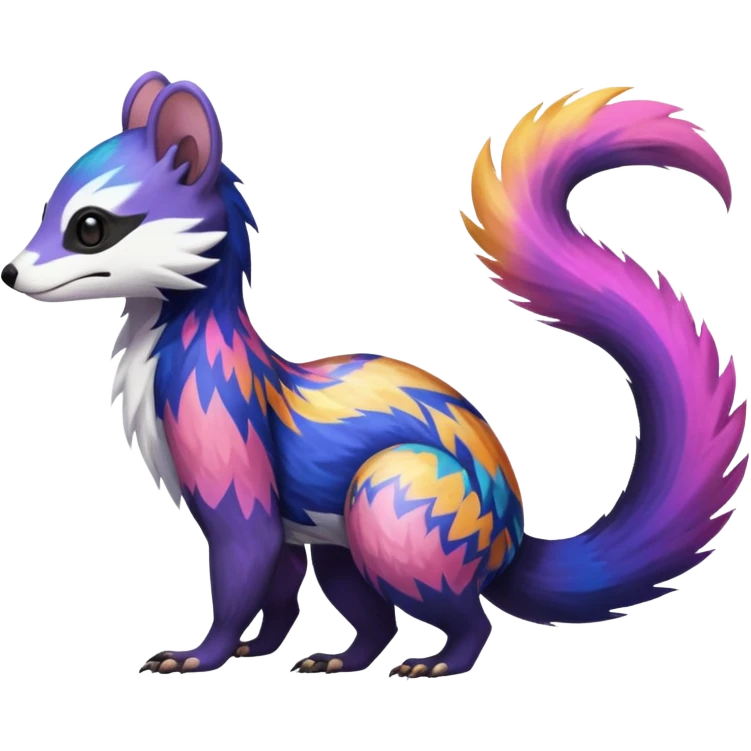 Colorful diaphanous Trico-Sergal-Skunk-Ferret-Furret-Marsupial-Vernid-fusion-Fakemon-animal-hybrid-creature, full body emoji