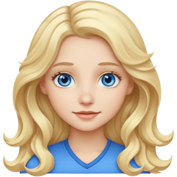 A pale girl with blue eyes and long and blonde , wavy hair , smiling  emoji