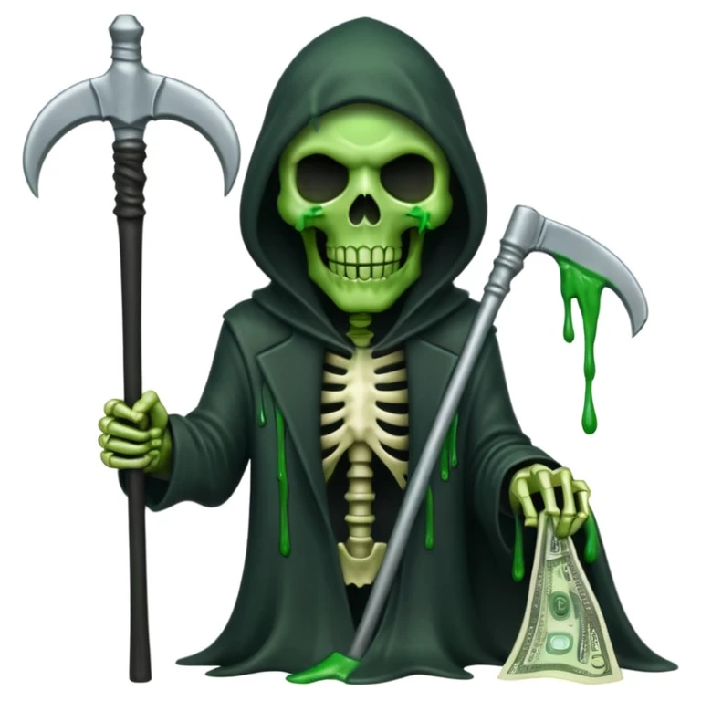 Emoji iPhone de la grande faucheuse, visage effrayant mi-squelette mi-zombie, slime vert, billets de 100$ visibles dans la scène (par exemple dans la capuche ou volant), tient une faux, fond blanc, rien d'autre dans les mains, parfait pour photo de profil emoji