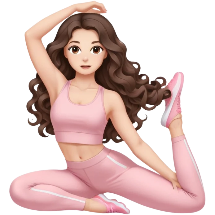 beautiful brunette with a light balayage white girl with nice defined and long curls , very long hair, clean girl makeup STRETCHING IN LIGHT PINK GYM emoji