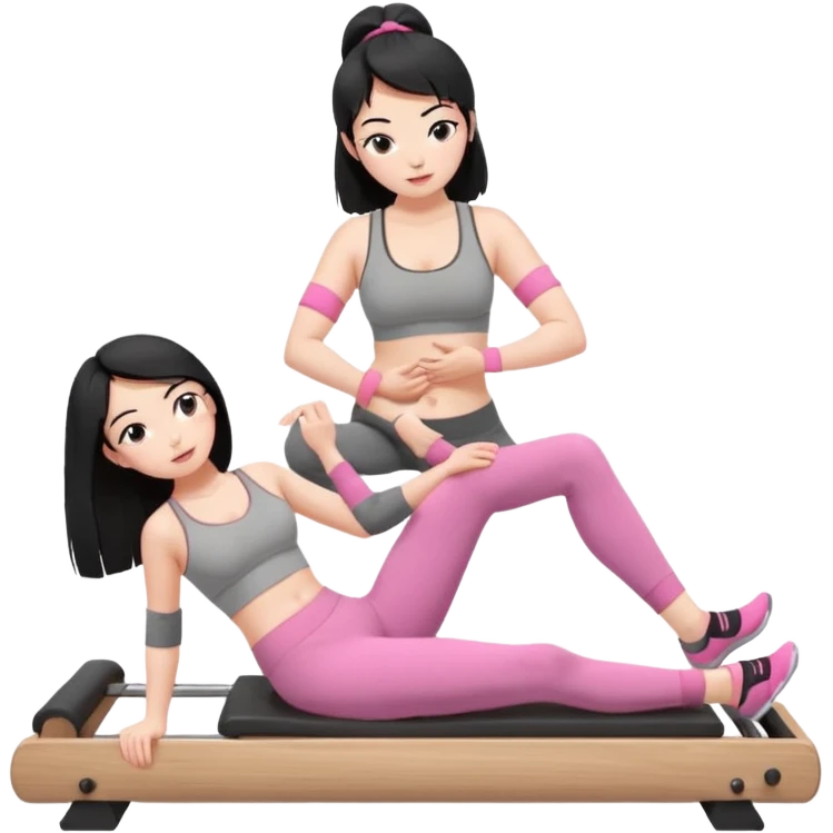 Create a Pilates emoji: a girl with fair skin and black hair, wearing a grey bra and grey leggings with pink pilates socks, doing sitted stomach massage on a wooden reformer and not looking at the camera. Make the colors neutrals. emoji