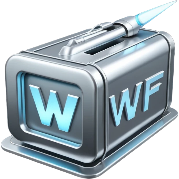 Futuristic spaceship beaming down a metal box with the letters “WF” large and boldly glowing on the side  emoji