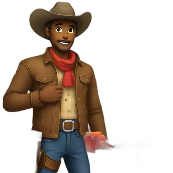 Cowboy in front of a christmas tree with lot of giftboxes emoji