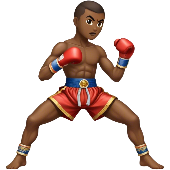 Cinematic Realistic Traditional Muay Thai Emoji, depicted as an intense dynamic martial arts scene featuring a fighter in traditional Muay Thai stance and attire, rendered with rich textures and energetic dramatic lighting that captures the sport's raw power. emoji