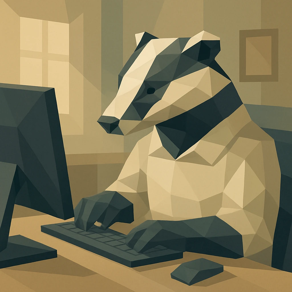 a badger working at a computer, clean modern illustration style emoji