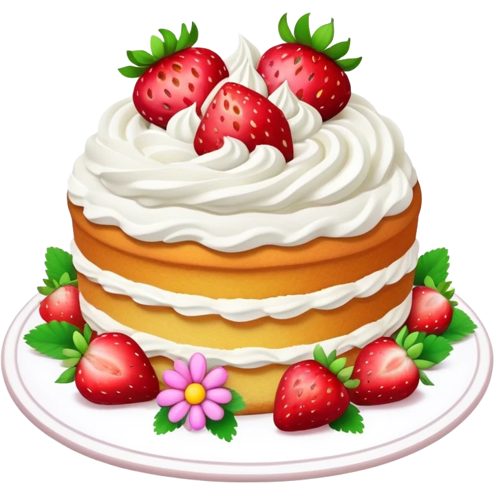 strawberry sponge cake with whipped cream and flowers emoji