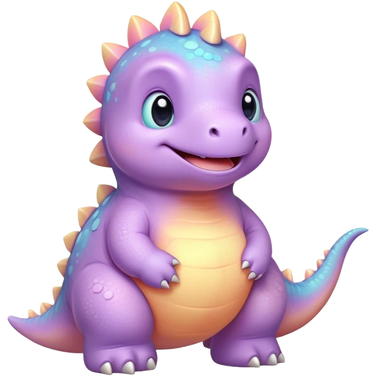Cinematic tiny pastel dinosaur, chubby round body, tiny feet, big sparkling eyes, soft glowing colors, happy and friendly expression, radiating warmth. emoji