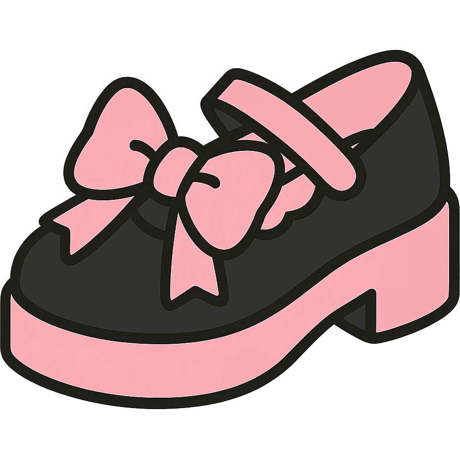 Refine the kawaii BLACKPINK-inspired gothic shoes by adding a large cute bow as the main motif, keeping the scalloped edge detail. Emphasize the black and pink color contrast, playful and stylish, no hearts, transparent background. emoji