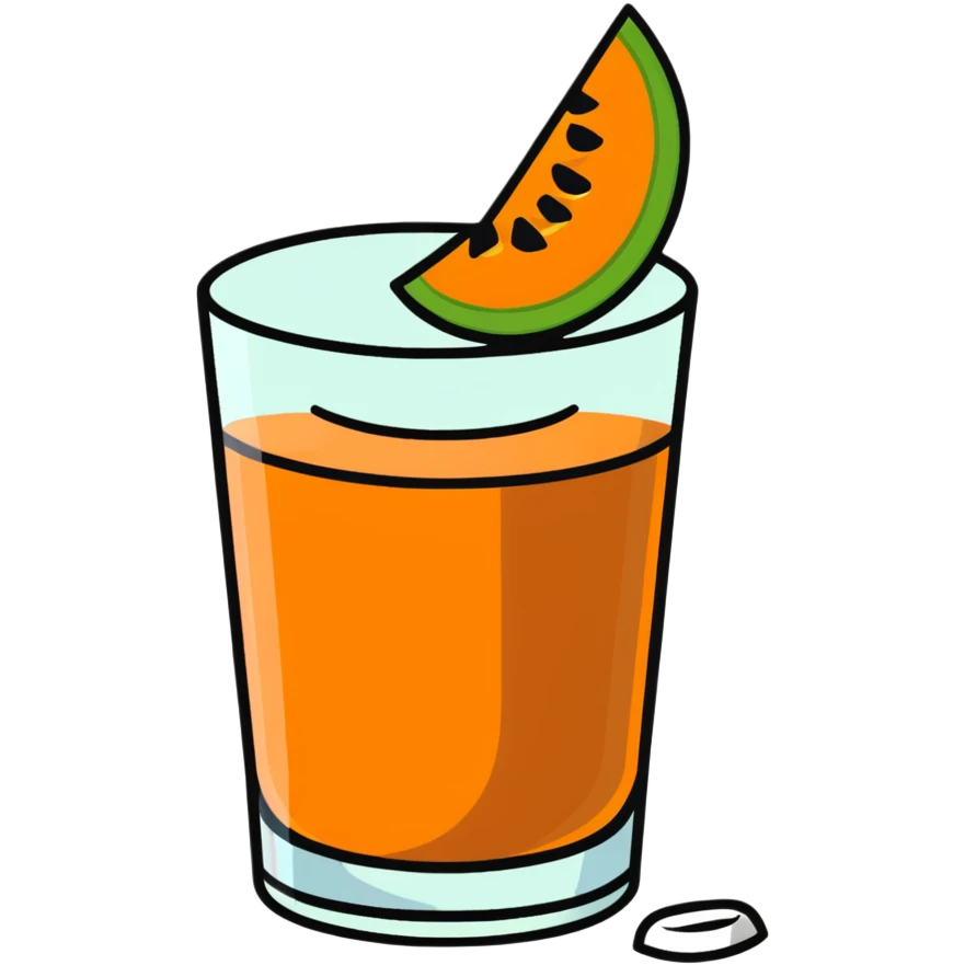 traditional carajillo coffee drink in a glass with a slice of cantaloupe melon beside it emoji