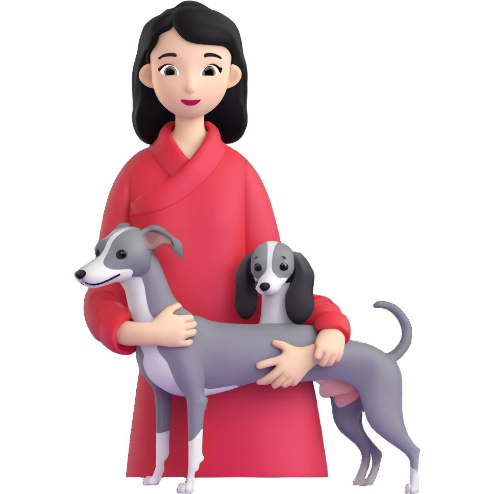 Slim Chinese girl with long black hair holding all grey Italian greyhound emoji