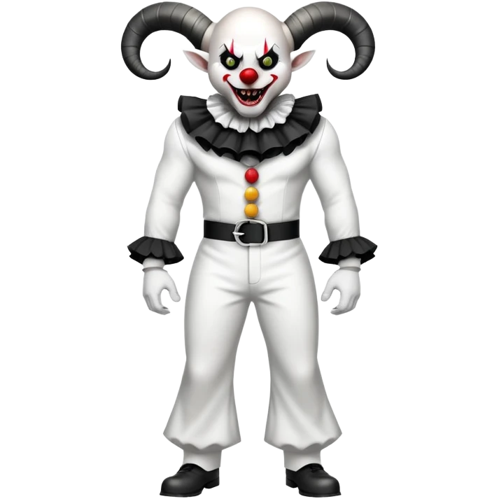 full-body muscular demonic clown in black and white leisure suit with bellbottom pants, bald, black ram horns, flashy black and white belt, ruffled white shirt, no neck tie, large fangs emoji