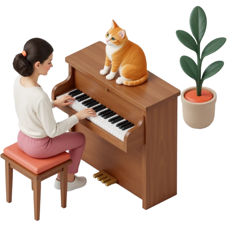 woman playing piano while her cat sits on top of the piano emoji