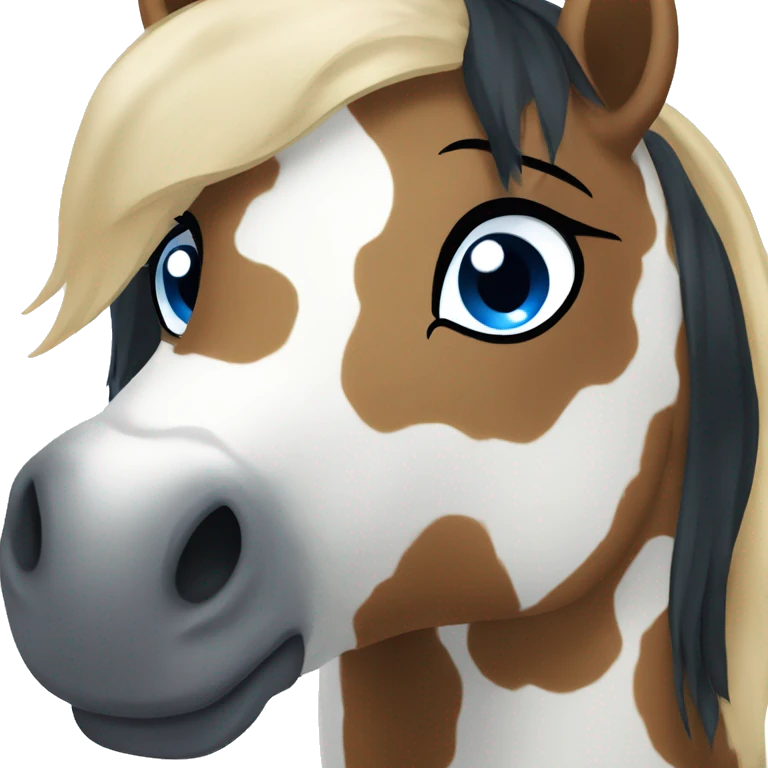Brown and white spotted pony with blue eyes and black hair emoji