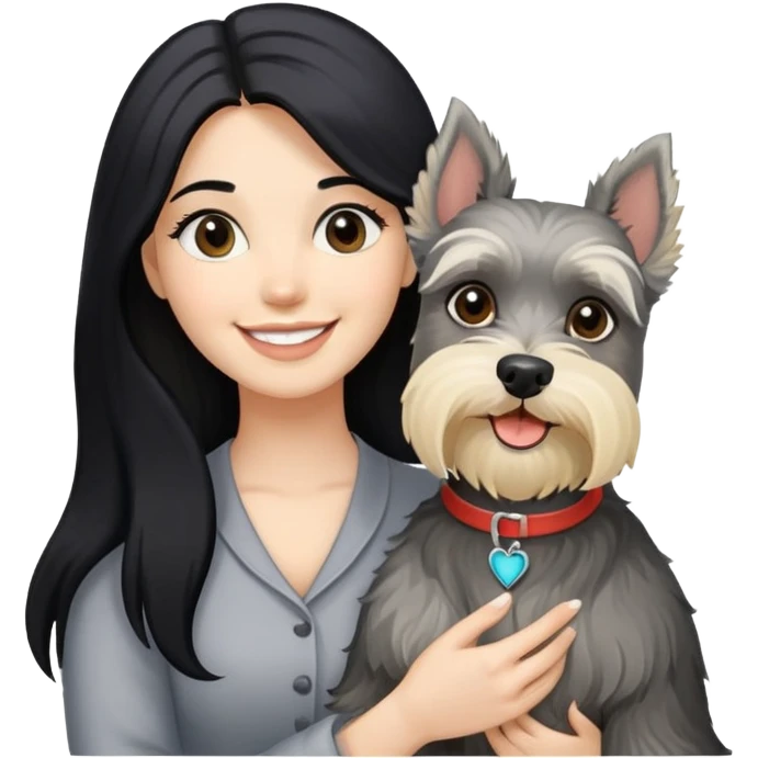 A smilling woman with long black hair holding a blonde Schnauzer emoji