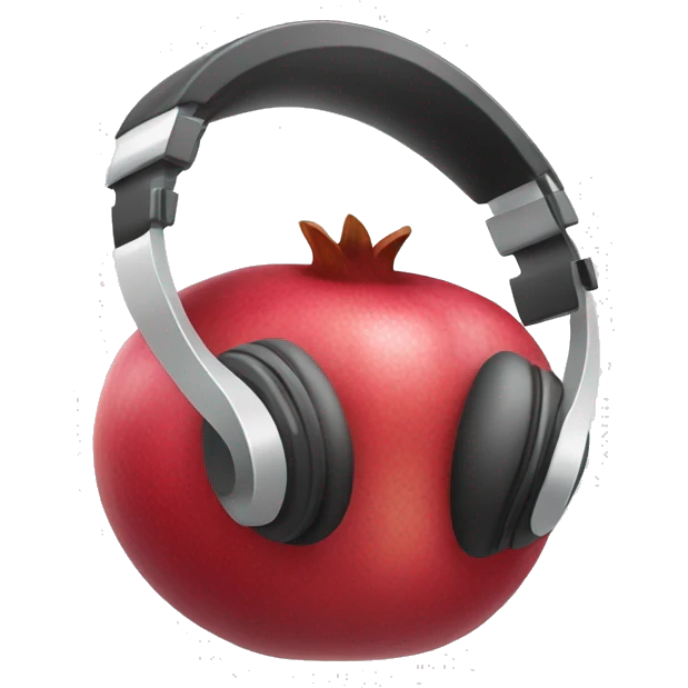 An IOS, Apple designed pomegranate emoji that is wearing headphones, facing to the right slightly. White background. Simple design. emoji
