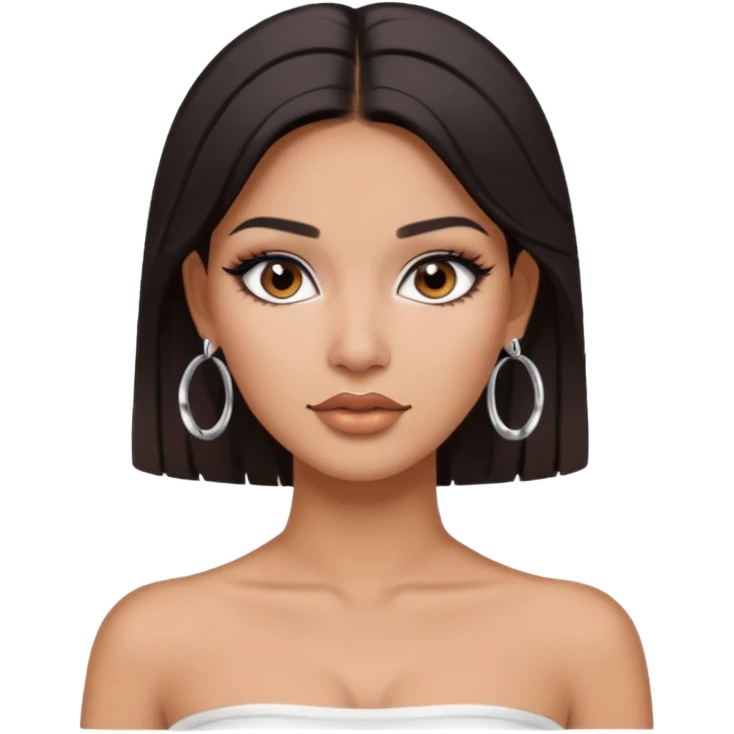 latina makeup olsun, saçları düz, halka küpeler taksın. takıların hepsi gümüş rengi olsun halka küpeler ve kolye dahil. makyajı ağır olsun ve beyaz bir Bandeau top kıyafet giyisin emoji
