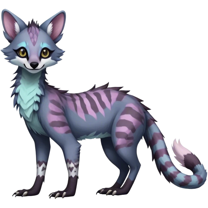 Feral Rare Fantasy dark pastel Vernid-Sergal-Genet-Trico-species by LiLaiRa, random markings, tufted tail, tufted ears, full body emoji