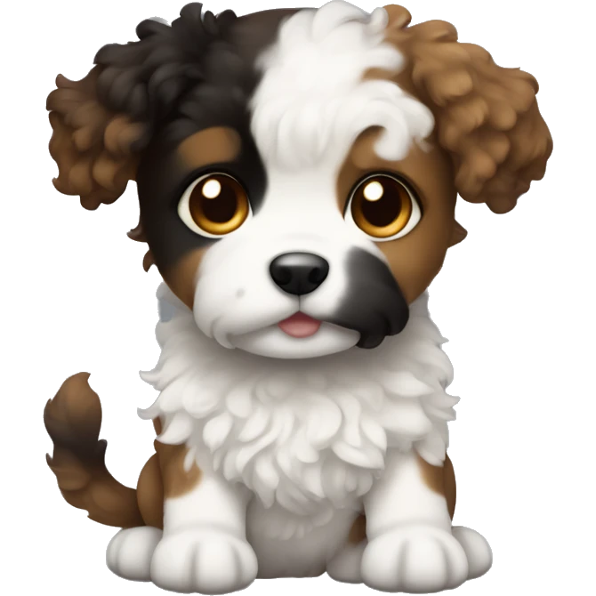 Puppy with curly black and brown fur and white fur only on chest emoji