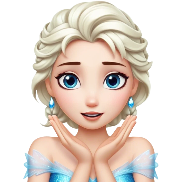 Cinematic Playful Elsa Portrait Emoji, Blowing frost from her hands in a dazzling display, eyes filled with mischief, exuding a magical charm that is both fun and enchanting! emoji