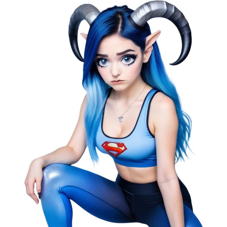 Disapponted-big tears-head back texting on phone-very very large upper body-sexy face-bending forward at waist-very long very straight dark blue to light blue ombre hair-and-blue eyes-thick black eyeliner-cute goat horns-iridescent blue lowcut tanktop with black leggings with glitter superman logo emoji